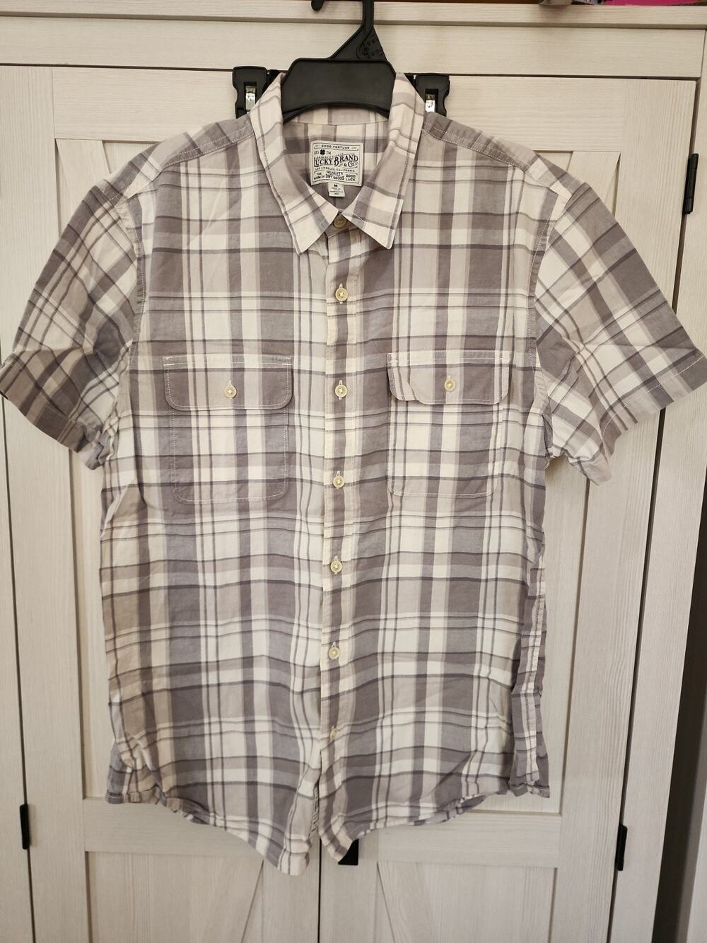 Lucky Brand Button Down Short Sleeve Shirt Mens Medium Cotton Grey Western Plaid